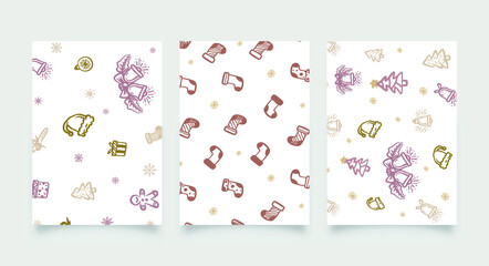 3 Christmas Background Pattern, hand drawn cute icon card template in doodle