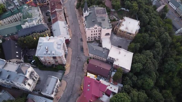 Quiet Andreevsky descent from a bird's eye view in clear weather in the Kiev