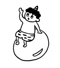 豆の上に座り手をあげる鬼