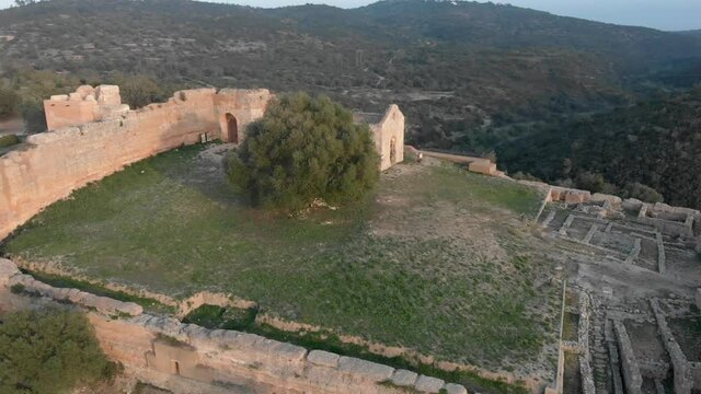 Portugal Ancient Castle Ruins on top of Mountain Hills - Aerial Orbit