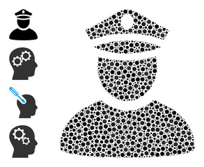 Circle collage police man. Vector mosaic is based on police man icon, and formed with random round elements. Vector icon of police man formed of scattered round elements.