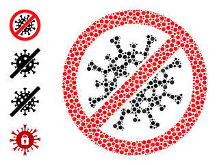 Round dot mosaic stop covid-19 virus. Vector mosaic is based on stop covid-19 virus symbol, and done of scattered spheric items. Vector icon of stop covid-19 virus formed of irregular round items.