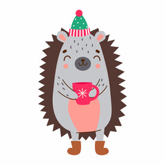 Cute hedgehog with a mug. Vector illustration.