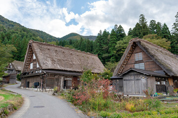 Fototapeta na wymiar Traditional Japanese house with thatched roof in Shirakawago, Gifu, Japan