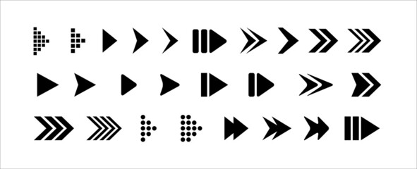 Fototapeta Arrow icon vector set. Arrows icons vector set. Contains symbol of various arrow head point shape, play, pause, next button symbol obraz