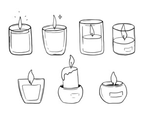 Hand drawn set of candles. Doodle candles. Burning aroma candles in glass jars doodle - 464381372