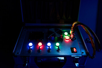Suitcase with wires and switches. Quest game. Close-up