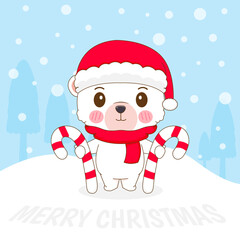 Cute polar bear with christmas candy cartoon character