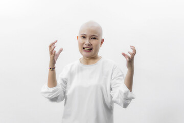 Asian woman breast cancer survivor studio portrait on white background