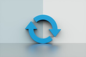 Blue Refresh icon isolated on blue background. Reload symbol. Rotation arrows in a circle sign. Minimalism concept. 3d rendering.