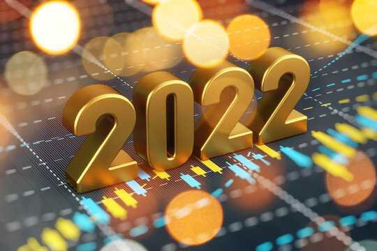 2022 New year card background economy finance business investment concept. 3D rendering chart data analytic revenue profit and digital information technology interface screen.