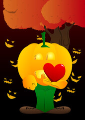 Decorative pumpkin for Halloween holding red heart in his hand as a cartoon character with face. Vector Illustration.