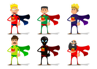 Funny cartoon man dressed as a superhero holding small gift box. Vector illustration.