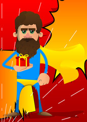 Funny cartoon man dressed as a superhero holding small gift box. Vector illustration.