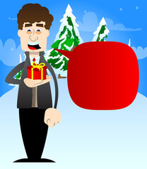 Funny cartoon man dressed for winter holding small gift box. Vector illustration.