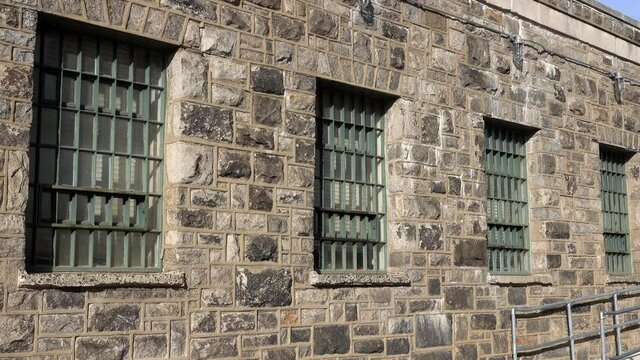 Barred windows and institutional architecture at Eastern State Penitentiary..