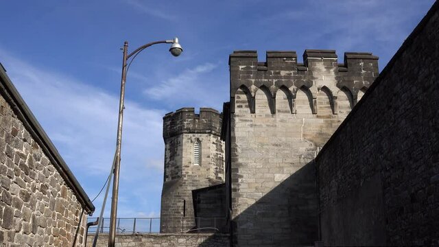Medieval style wall, towers and parapet at Eastern State Penitentiary.