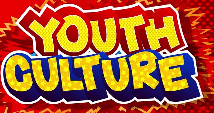 Youth Culture. Motion poster. 4k animated Comic book word text moving back and forth on abstract comics background. Retro pop art style.