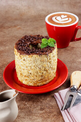 Mini banana chiffon cake with chocolate sauce.