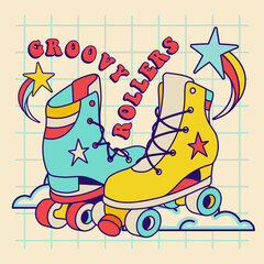 Vintage typography slogan with roller skates. Groovy retro style illustration. Vintage square print concept. Funky vector illustration.