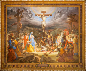 ROME, ITALY - AUGUST 28, 2021: The fresco of Crucifixion in the church San Girolamo dei Croati by ...