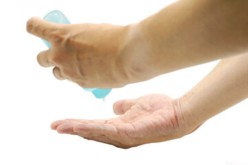Hands with alcohol gel bottle and mask on white background, copy space in anti virus and epidemic preventive concept.