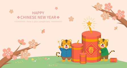 Cute tiger character for Chinese New Year with zodiac and firecrackers, vector horizontal poster with plum blossom or cherry blossom, text translation: Spring