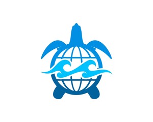 Blue turtle with abstract globe and wave inside