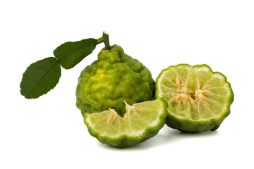 Fototapeta premium Bergamot fruit slices, fresh Bergamot fruit leaves isolated on a white background