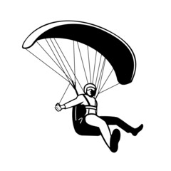 Mascot illustration of a pilot flying paraglider paragliding which is an adventure sport viewed from a low angle on isolated background in black and white retro style.