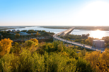 Autumn landscape: a bridge over the Amur River near the city of Khabarovsk