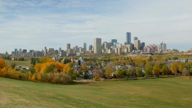 Downtown Edmonton and Gallagher park during Autumn in full bloom