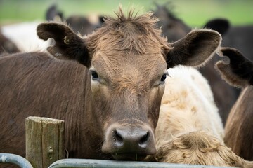Close up of Stud Beef bulls, cows and calves grazing on grass in a field, in Australia. breeds of...