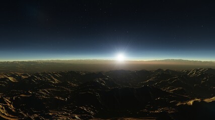 Exoplanet fantastic landscape. Beautiful views of the mountains and sky with unexplored planets. 3D illustration