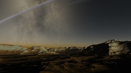 Exoplanet fantastic landscape. Beautiful views of the mountains and sky with unexplored planets. 3D illustration