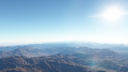Exoplanet fantastic landscape. Beautiful views of the mountains and sky with unexplored planets. 3D illustration