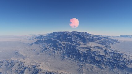 Exoplanet fantastic landscape. Beautiful views of the mountains and sky with unexplored planets. 3D illustration