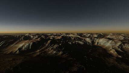 Exoplanet fantastic landscape. Beautiful views of the mountains and sky with unexplored planets. 3D illustration
