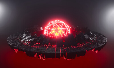 Render 3d. Ufo on a black-red background. © Shadow
