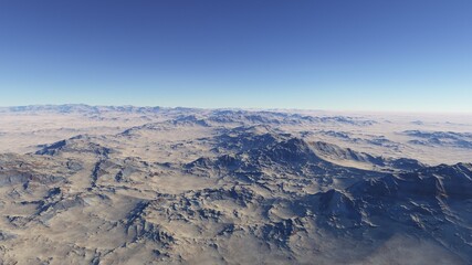 Exoplanet fantastic landscape. Beautiful views of the mountains and sky with unexplored planets. 3D illustration