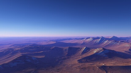 Exoplanet fantastic landscape. Beautiful views of the mountains and sky with unexplored planets. 3D illustration