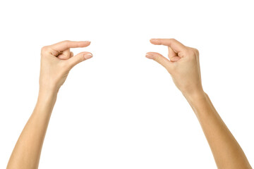 Holding or measuring hands. Woman hand gesturing isolated on white
