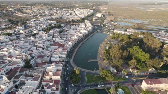 Panoramic view of urban development, lakes and roundabout in Ayamonte