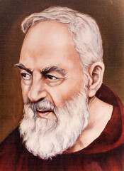 ROME, ITALY - AUGUST 28, 2021: The copy of portrait of St. Pater Pio in the church Chiesa dei Santi...