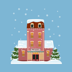 Obraz premium Decorated buildings for 2022 new year and christmas. Building with tree and fir tree at yard, construction facade with lanterns for xmas. Holiday and celebration,winter architecture