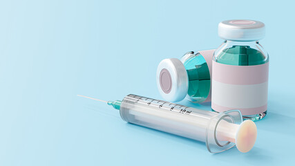 Pink vaccine bottle beside syringe green color. blue background and copy space for your text. Minimal idea concept, 3D Render.