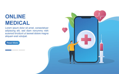 Illustration concept of online medical with the medical emblem on the screen.