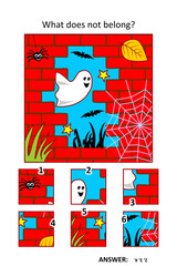 Visual puzzle with picture fragments. Halloween ghost in tne night, red brick wall ruin, spider, bats. What does not belong?
