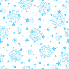 white repetitive winter background with snowflakes and stars. vector seamless pattern. fabric swatch. wrapping paper. continuous print. design template for greeting card, banner, decor, textile