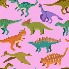 Behang Dinosaurussen Naadloze patroon met schattige cartoon doodle dinosaurussen en natuurelementen, rotsen, bladeren en sterren. Schattige kinderen ontwerp.